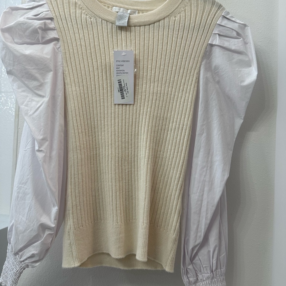 Design History Cream Ribbed Blouse with White Puff Sleeves
